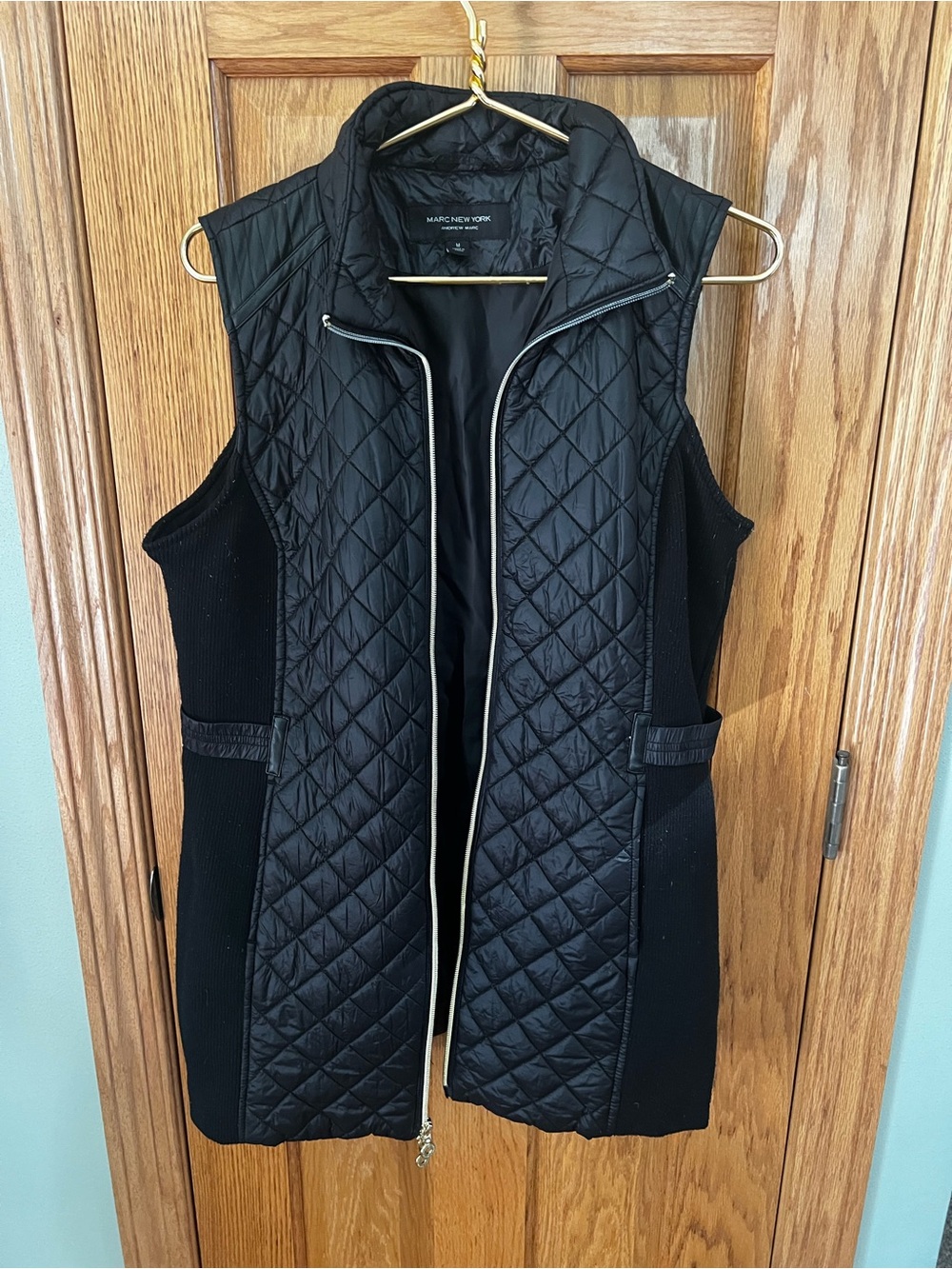 Marc New York Black Quilted Sleeveless Vest with Knit Side Panels